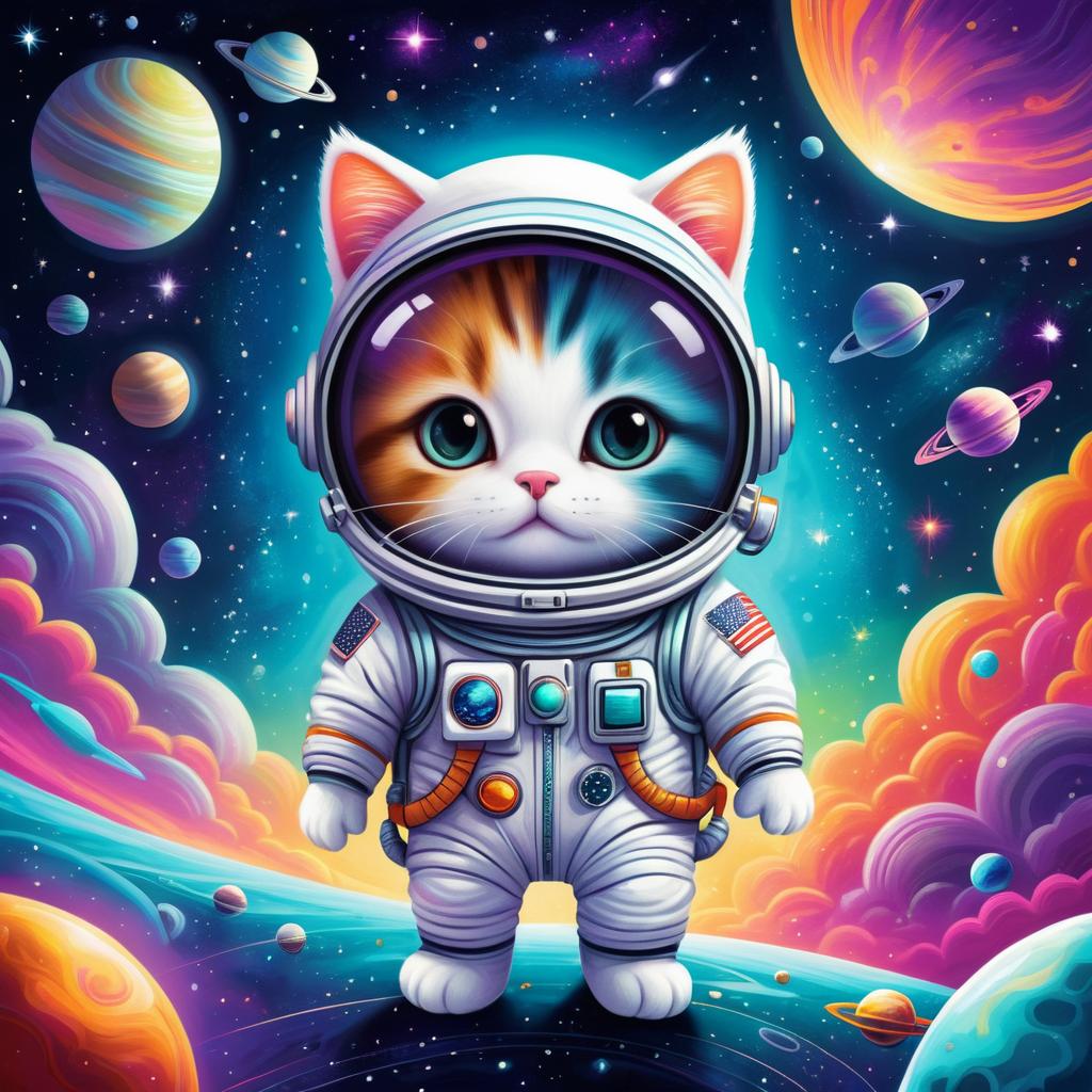 Whimsical Cat Astronaut in Alien Spaceport