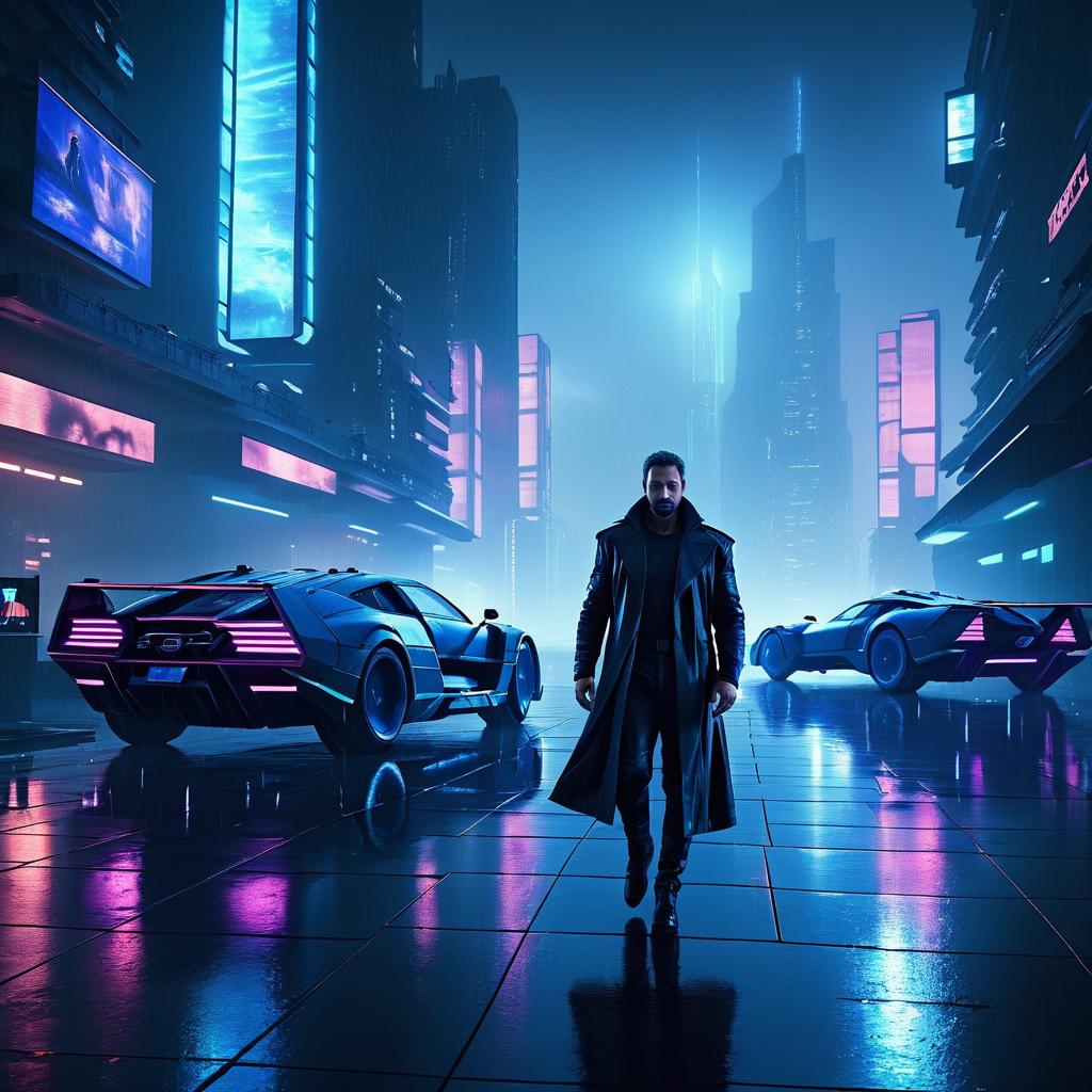 Max DeCosta in Futuristic Rainy Cityscape