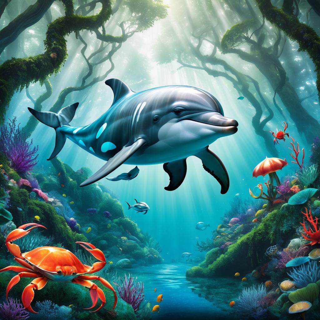 Whimsical Dolphin-Crab Hybrid in Forest