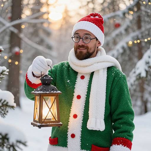 Photograph of a smiling bearded man in a green Santa coat, white scarf, red buttons, and Santa hat holding a lantern in a snowy forest