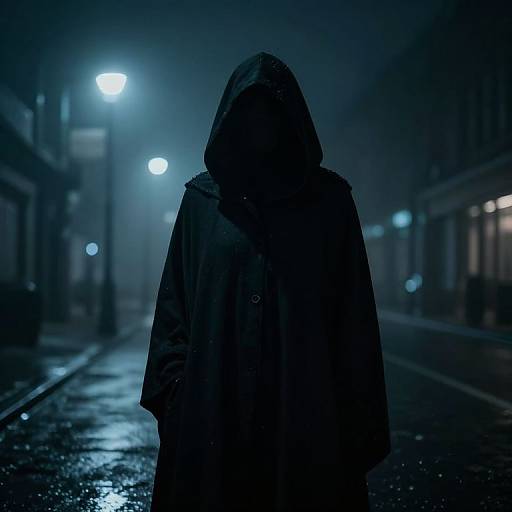 Mysterious figure in dark hooded coat, standing in dimly lit, rain-soaked urban street at night, illuminated by streetlights. Photograph.
