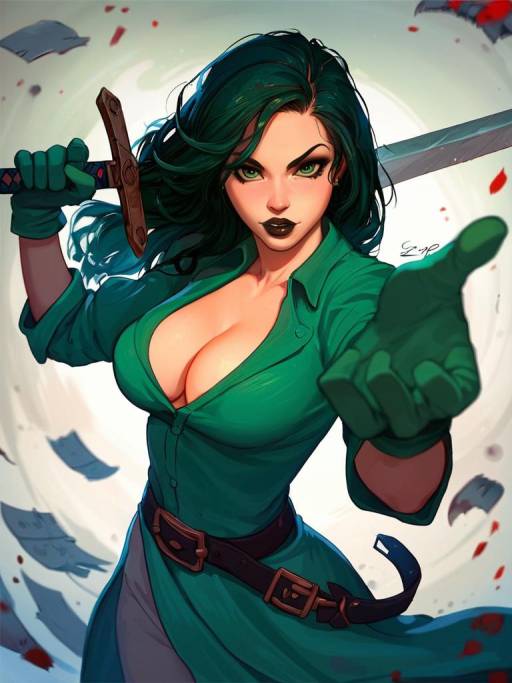 Warrior Girl with Green Eyes and Sword