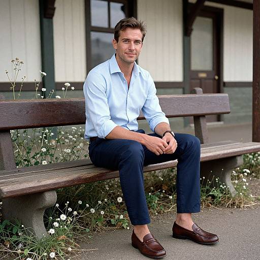 Photograph of a handsome, fair-skinned man with short brown hair, wearing a light blue shirt, dark pants, and brown loafers, sitting