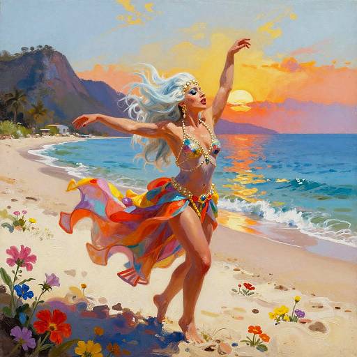 Goddess Dancing on Beach at Sunset