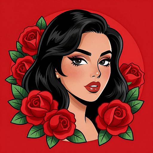 Digital pop art portrait of a woman with black hair, red lipstick, surrounded by vibrant red roses against a red background.