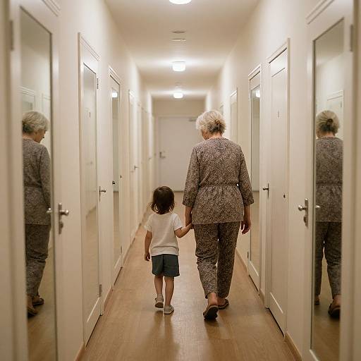 Photograph of an elderly woman with short gray hair and a patterned blazer walking a young girl in a white shirt and blue shorts down a brightly