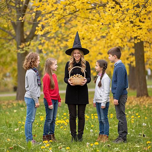 Photograph of a smiling woman in a black witch hat and coat, holding a basket, surrounded by four children in autumn park.