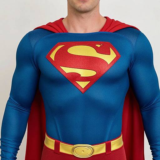 Photograph of a muscular man wearing a classic Superman costume: blue textured shirt with red 
