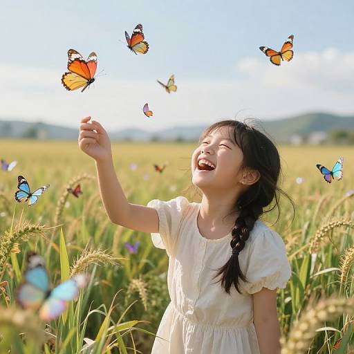 Photograph of a smiling Asian girl with black hair in a braid, wearing a white dress, reaching for colorful butterflies in a sunny field.