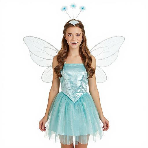 Photograph of a smiling young woman with long brown hair, wearing a light blue fairy costume with a shiny bodice and tulle skirt, transparent wings