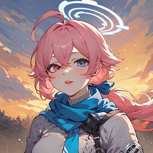 Anime Girl with Heterochromia and Halo at Sunset