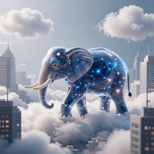 Digital artwork of a glowing blue elephant with star constellations, standing among clouds above a cityscape with skyscrapers.