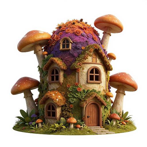 Whimsical fairy-tale cottage with a purple dome, surrounded by oversized mushrooms, vines, and colorful flowers, featuring arched windows and a wooden