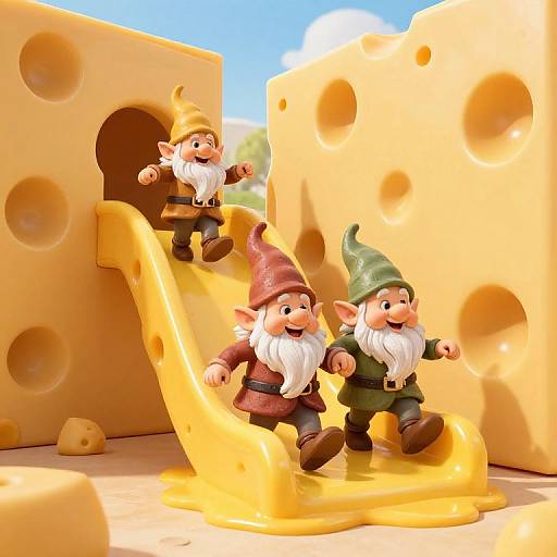 Three cheerful gnome figurines slide down a cheese slide between large, holey cheese blocks under a bright blue sky.