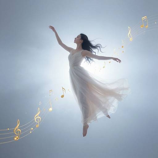 Photograph of a floating woman in a flowing white dress, surrounded by musical notes, against a bright, glowing white background.