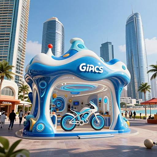 Photograph of a futuristic, blue and white 