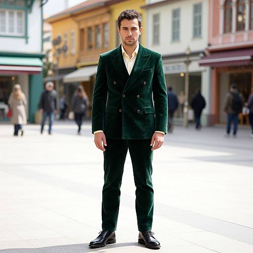 Photograph of a handsome, bearded man in a dark green double-breasted suit, white shirt, black pants, and polished black shoes, standing