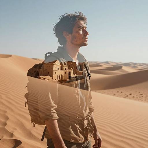Photograph of a bearded man with curly hair, wearing a beige hoodie and backpack, standing in a sunlit desert with sand dunes, overl