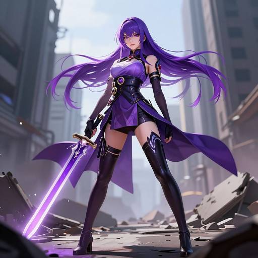 Digital anime-style artwork of a fierce purple-haired woman in a black and purple outfit, holding a glowing sword, standing in a ruined urban landscape.