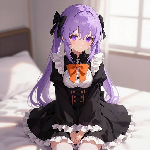 Anime-style digital drawing of a purple-haired girl with purple eyes, wearing a black and white frilled gothic dress with an orange bow, sitting on