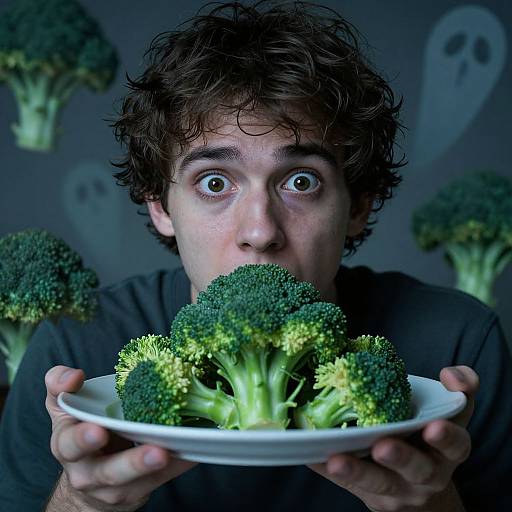 Photograph of a surprised young man with messy brown hair, wide eyes, holding a plate of broccoli, set against a dark background with floating ghostly