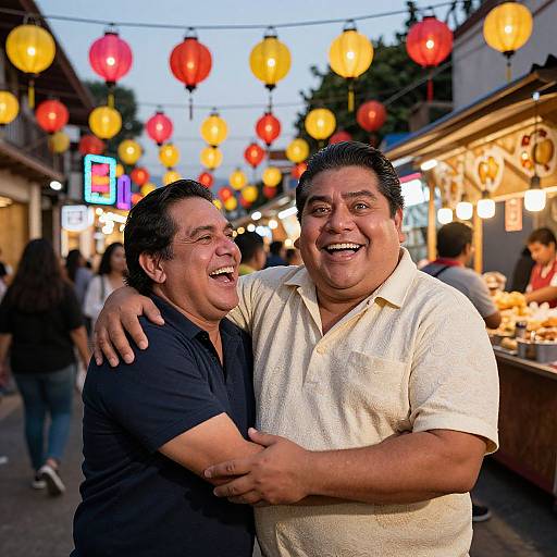 Photograph of two smiling, overweight Asian men hugging in a vibrant, evening street market with colorful lanterns, bustling with people.
