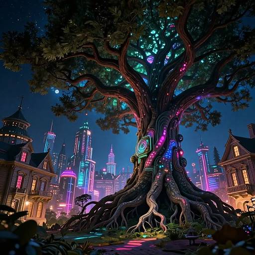Digital art of a glowing, neon-lit, cyberpunk cityscape centered around a massive, bioluminescent tree with colorful lights wrapping around its