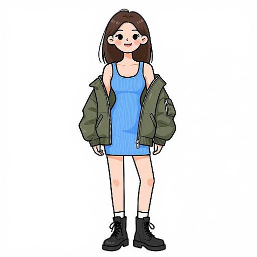 Digital anime-style drawing of a young woman with brown hair, wearing a blue dress, green jacket, and black boots, standing against a white background.