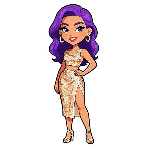 Cartoon-style drawing of a confident woman with purple hair, wearing a gold floral dress with a high slit, hoop earrings, and high heels. She