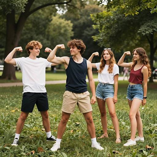 Teen Friends Flexing in Summer Park