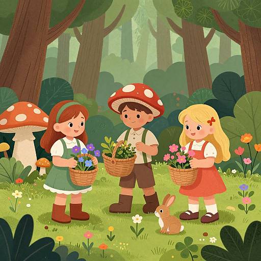 Cartoon-style forest scene: three children with baskets of flowers, red mushrooms, trees, and a bunny in colorful clothes. Bright, whimsical.