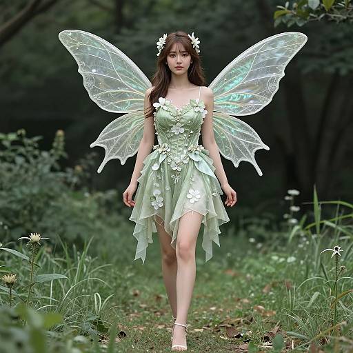 Photorealistic digital art: Fair-skinned fairy with translucent wings, white flower crown, and green dress with floral accents, walking through a lush forest