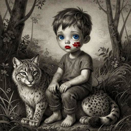 Digital illustration: sad-eyed child with red band-aid on cheek, black hair, gray clothes, sitting beside a spotted leopard in a grayscale forest.