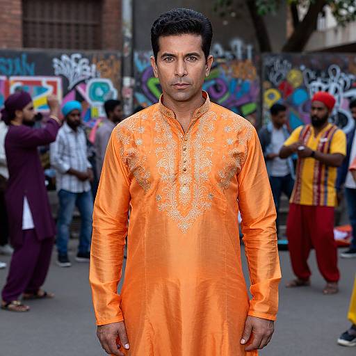 Photograph of a serious Indian man in an orange, embroidered kurta, standing in front of a graffiti-covered urban street, with people in the background