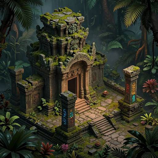 Digital fantasy artwork of a moss-covered, ancient stone temple with intricate carvings, glowing blue runes, and lush jungle foliage surrounding it.