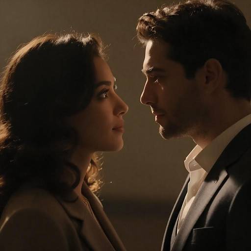 Photograph of a dimly-lit close-up, showing a man and woman with serious expressions, facing each other, in a dramatic, shadowed