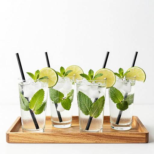 Photograph of four clear glasses with ice, mint leaves, lemon slices, and black straws, on a wooden tray against a white background.