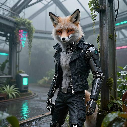 Cybernetic Fox in Rainy Cyberpunk Greenhouse