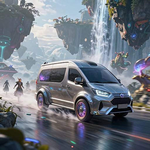 Digital artwork of a futuristic silver SUV with neon purple accents speeding through a vibrant, sci-fi landscape with floating islands and waterfalls.