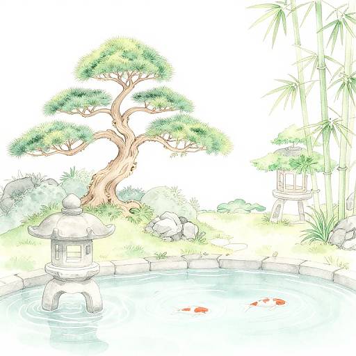 Digital illustration of a serene Japanese garden with a stone lantern by a pond, a bonsai tree, bamboo, and floating koi.