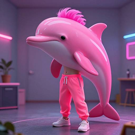 Photorealistic CGI of a person wearing a pink dolphin costume with a mohawk, neon pink pants, and white sneakers, standing in a neon-l