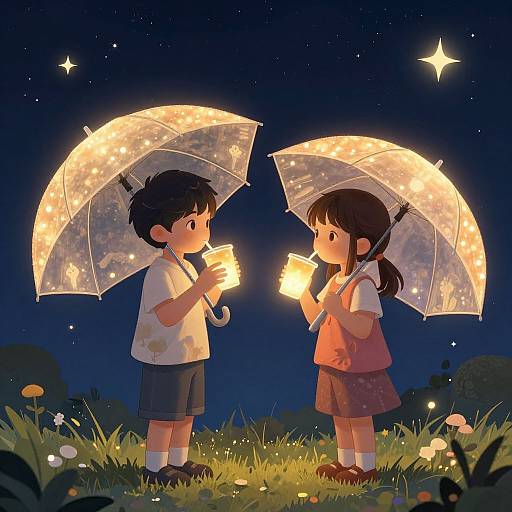 Anime-style drawing of two children with glowing umbrellas, holding lanterns, standing in a starlit grassy field at night.
