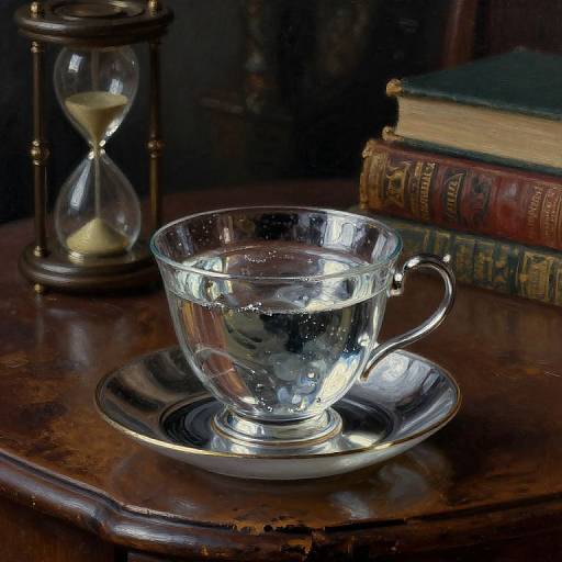Photograph of a clear glass teacup with water on a saucer, next to an hourglass and old books on a dark wooden table.