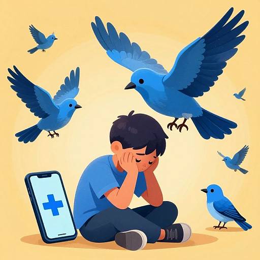 Digital illustration of a sad boy with black hair, blue shirt, and black pants, sitting under flying blue birds, with a smartphone showing a cross symbol