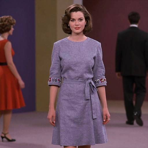 Photograph of a 1950s-style woman in a lavender dress with embroidered sleeves, standing on a runway, flanked by a woman in red