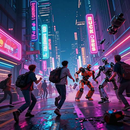 Neon-lit cyberpunk street scene: pedestrians running from futuristic, armored robots under vibrant pink, blue, and purple signs in a bustling city.