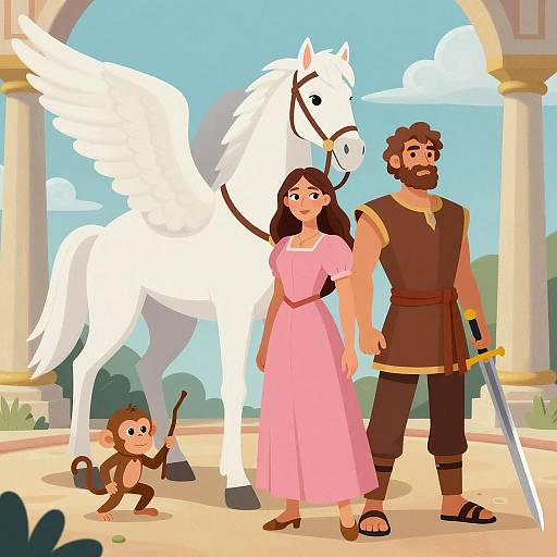 Fantasy Scene with Winged Horse, Woman, Man, and Monkey