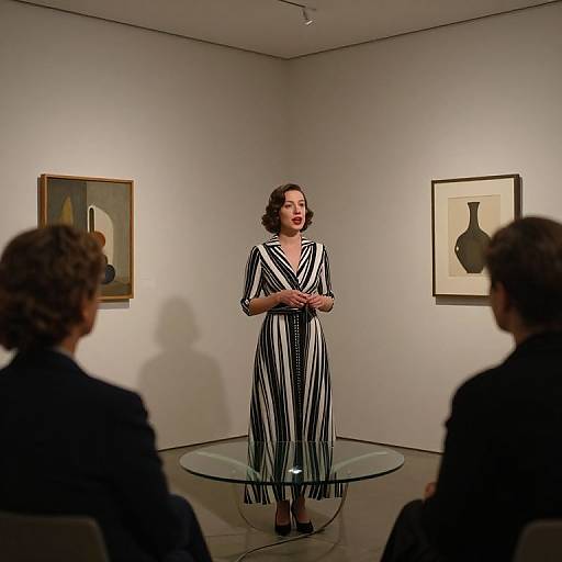 Photograph of a woman with curly brown hair, wearing a black-and-white striped dress, standing in a minimalist gallery with two framed abstract paintings on white