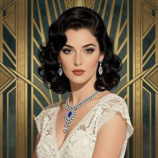 Digital portrait of a glamorous woman with dark wavy hair, wearing a lace white dress, diamond necklace, and earrings, set against an Art Deco