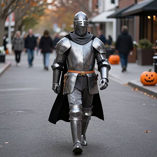 Photograph of a person in full medieval knight armor, including helmet and black cloak, walking down a city street with autumnal decorations and orange pumpkins